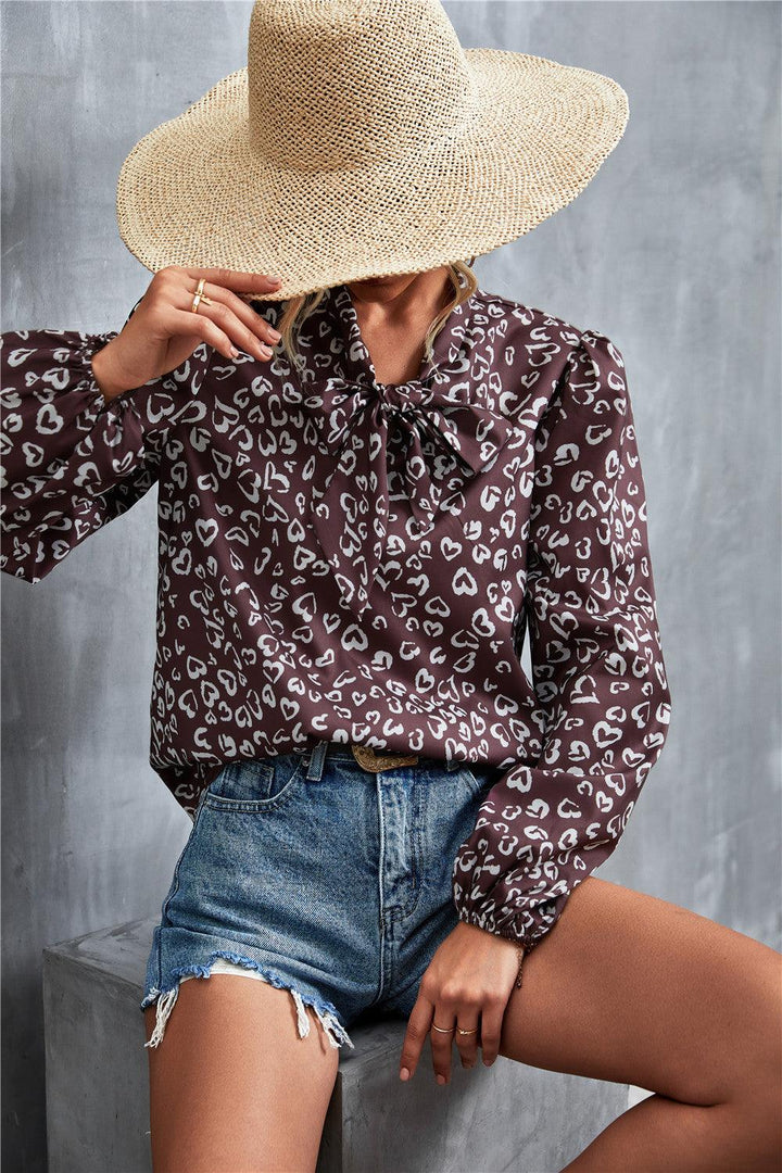 Printed Tie Neck Puff Sleeve Blouse - BELLATRENDZ