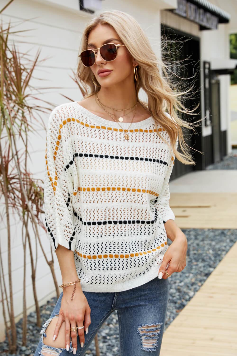 Striped Openwork Three-Quarter Sleeve Knit Top - BELLATRENDZ