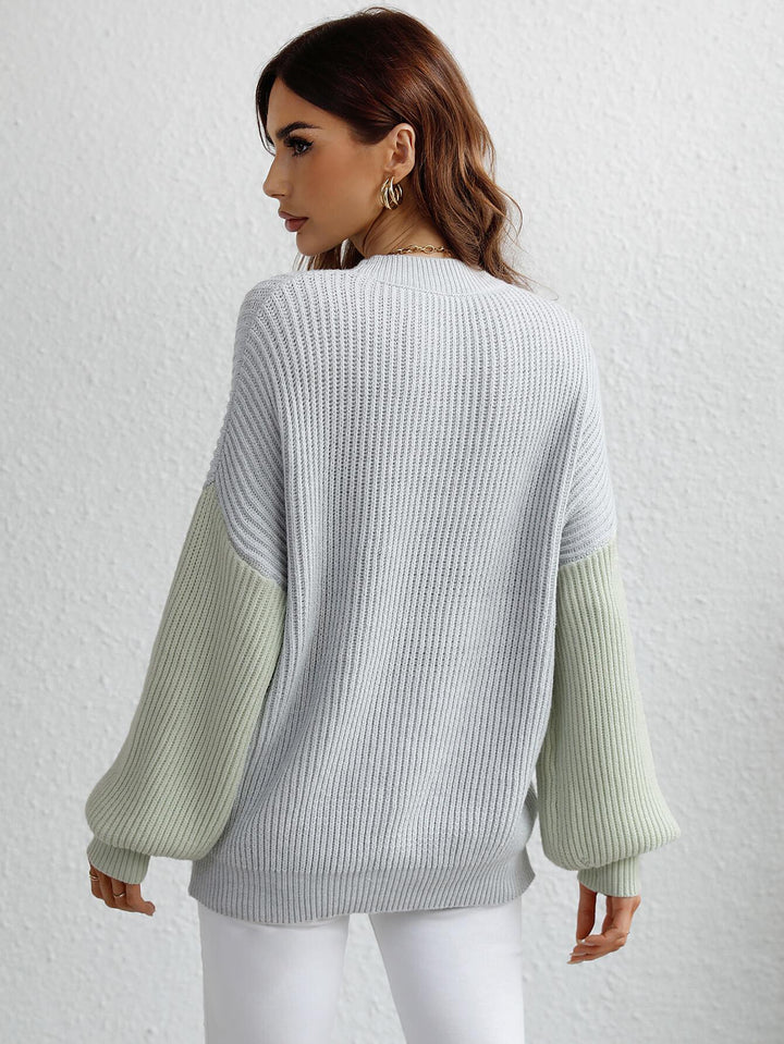 Two-Tone Rib-Knit Dropped Shoulder Sweater - BELLATRENDZ