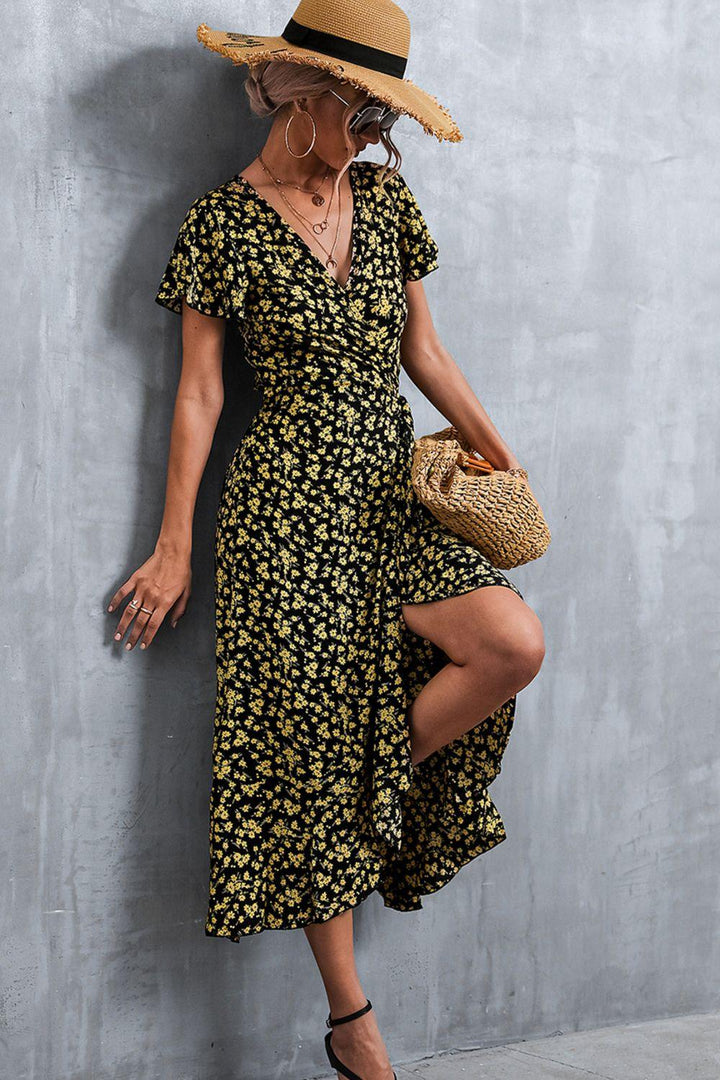 Floral Surplice Neck Tied Midi Dress - BELLATRENDZ