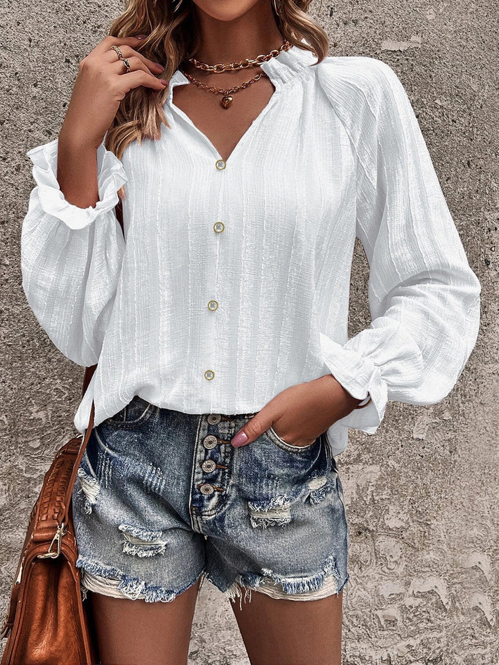 Notched Neck Flounce Sleeve Shirt