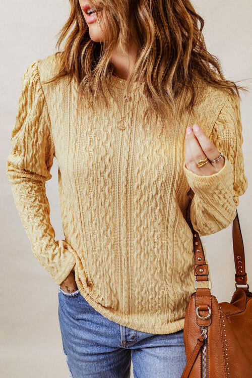 Cable-Knit Round Neck Long Sleeve Blouse