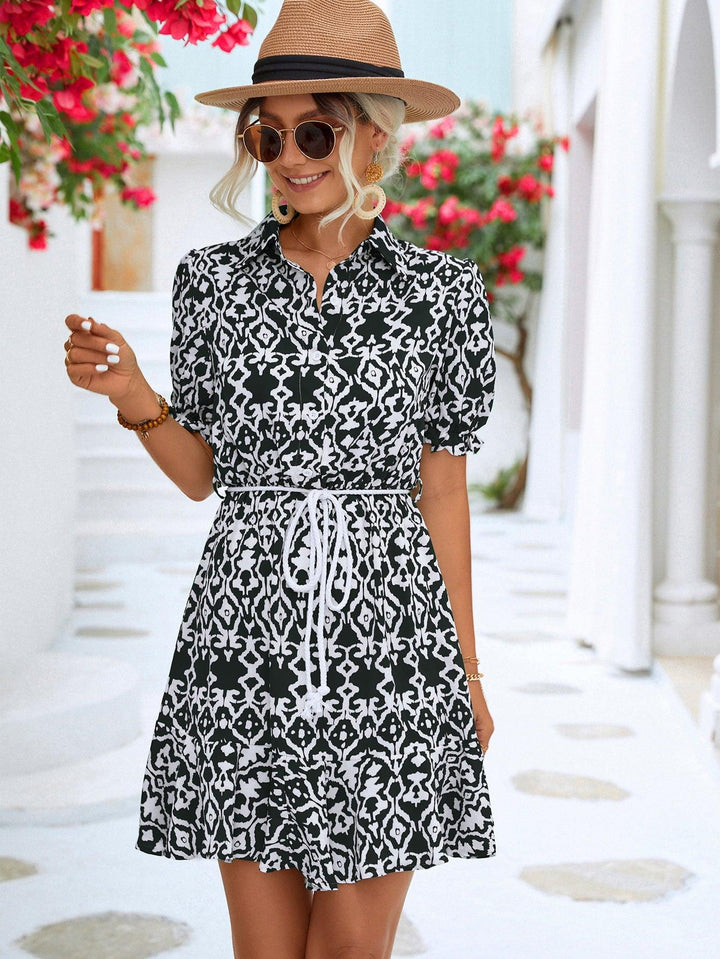 Printed Tie Waist Collared Flounce Sleeve Dress - BELLATRENDZ