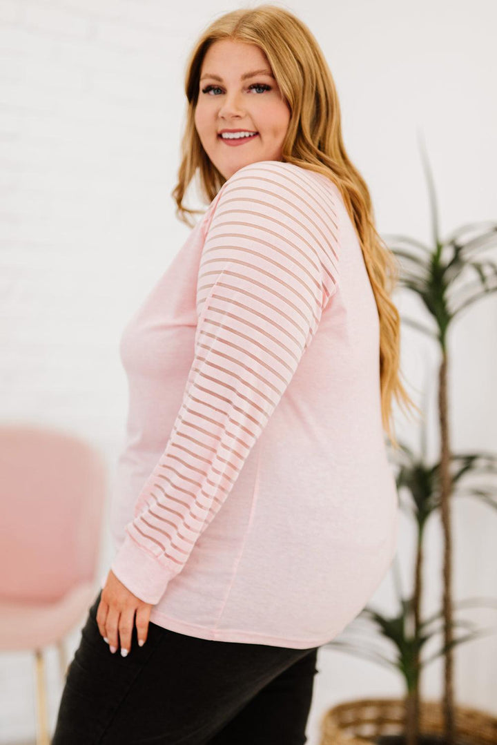 Plus Size Sheer Striped Sleeve V-Neck Top - BELLATRENDZ