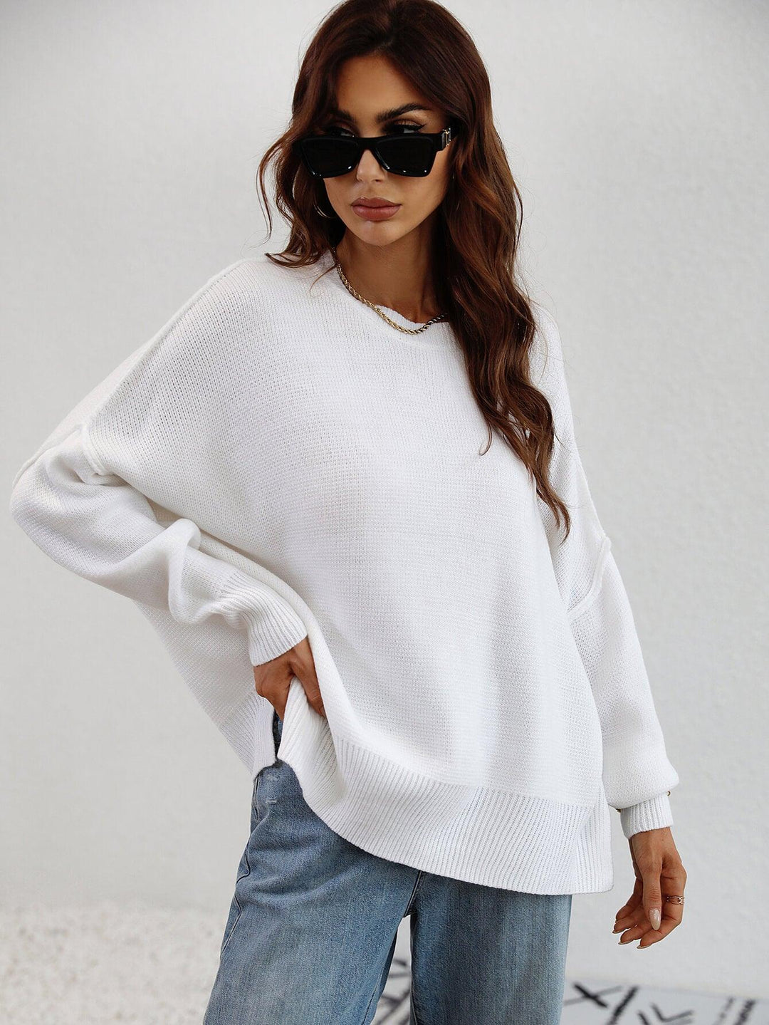 Exposed Seam Dropped Shoulder Slit Sweater - BELLATRENDZ