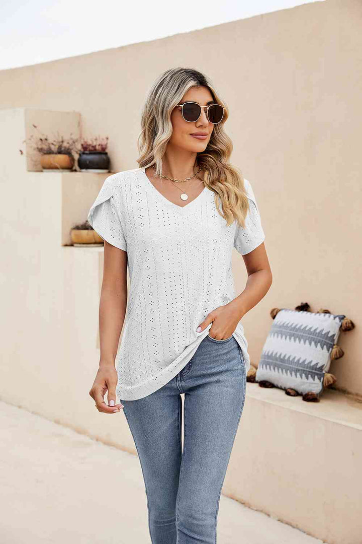 Eyelet Petal Sleeve V-Neck Knit Top