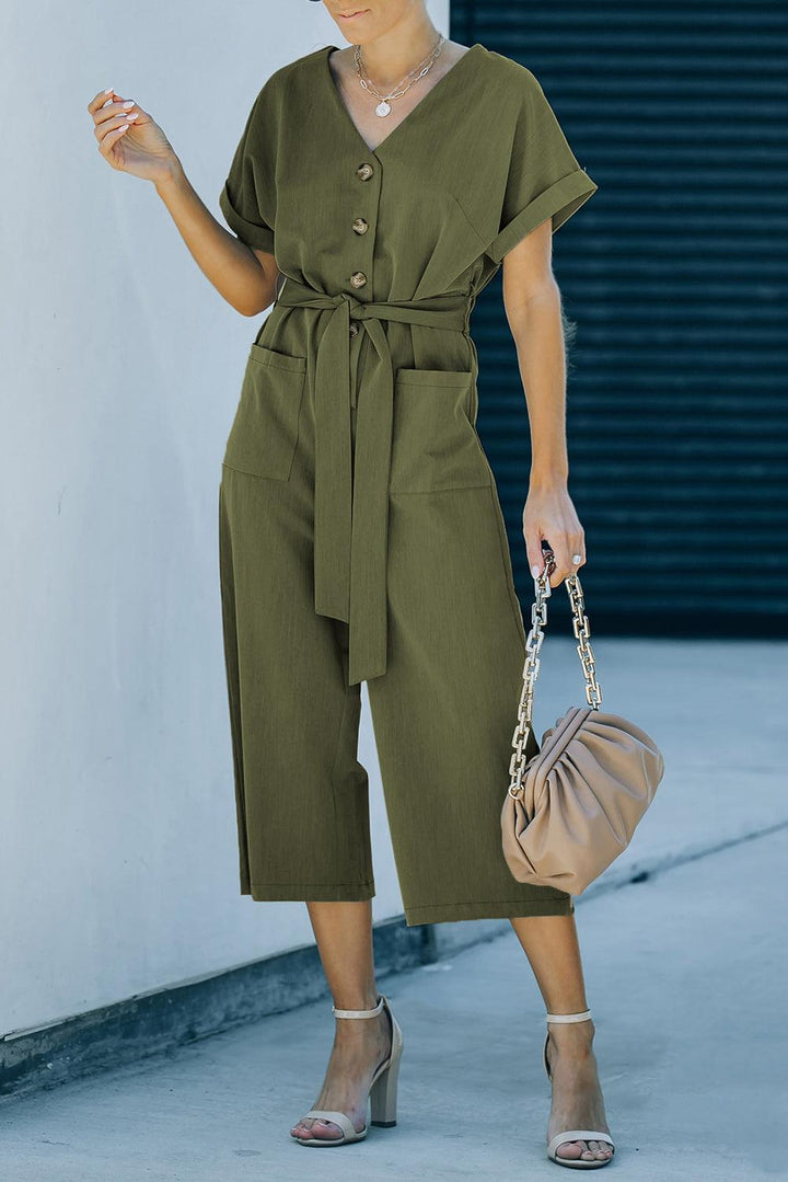 Tie-Waist Buttoned Cropped Jumpsuit - BELLATRENDZ