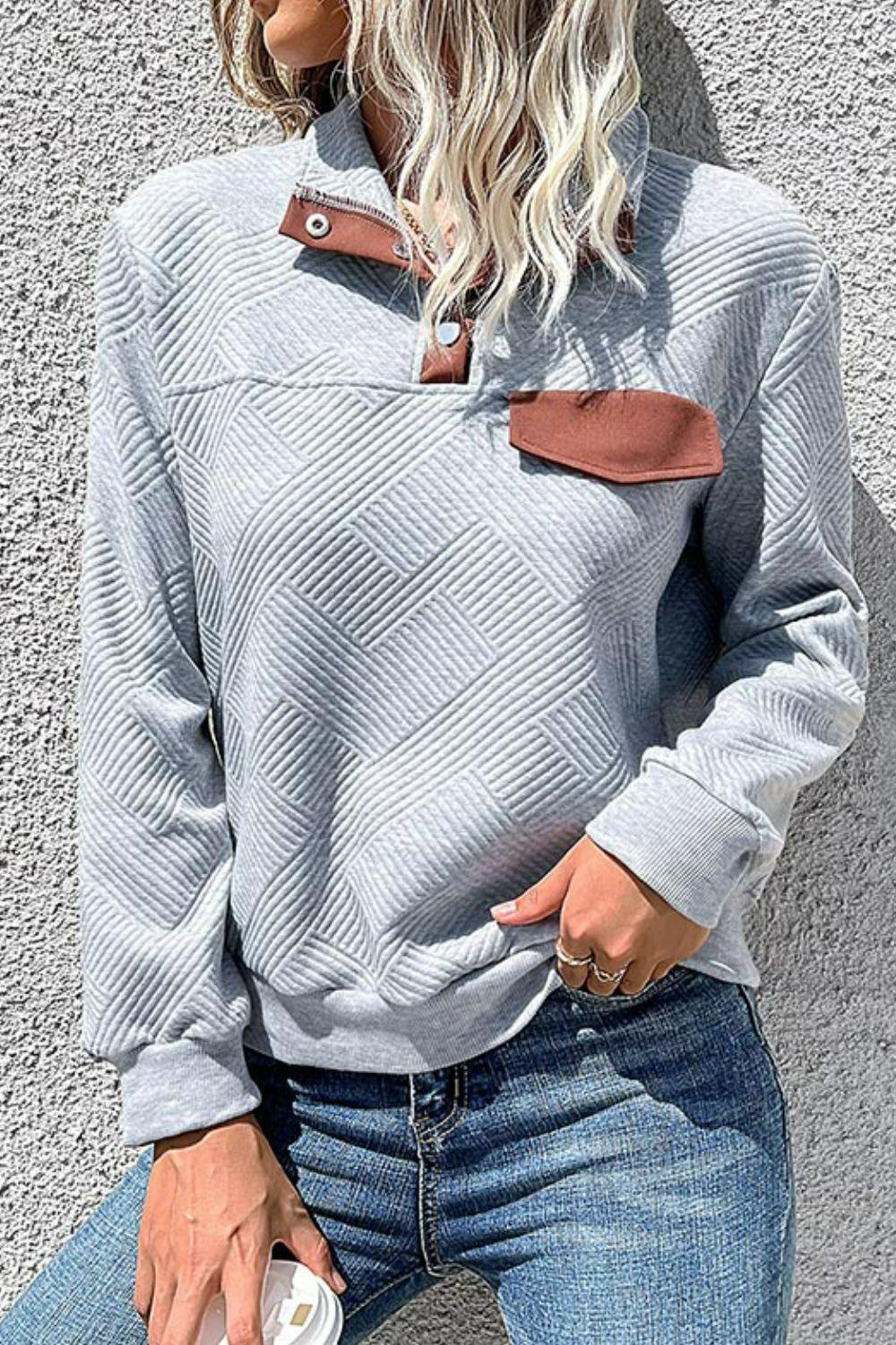 Contrast Ribbed Quarter-Snap Sweatshirt - BELLATRENDZ