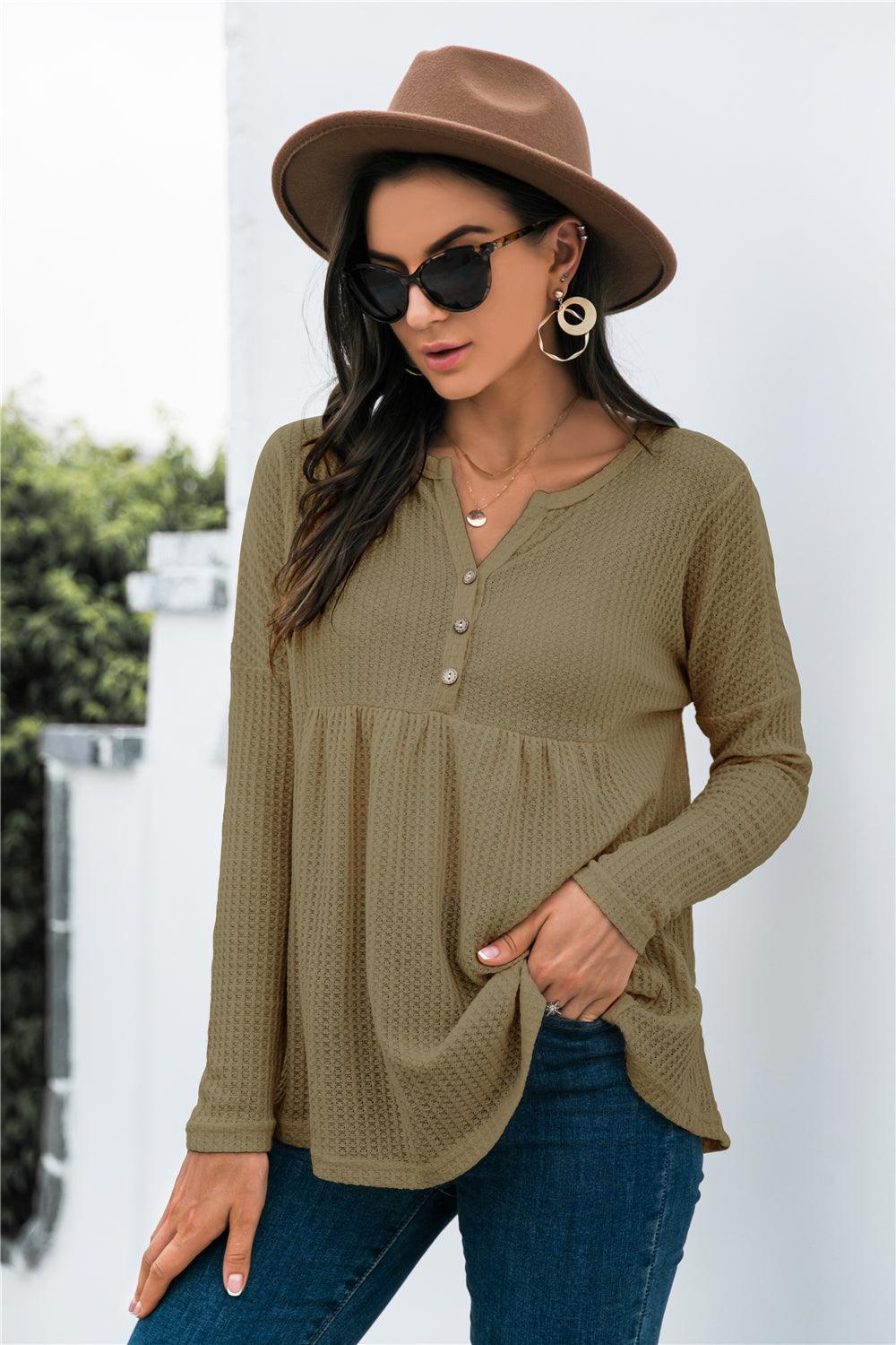 Button Front Waffle Knit Babydoll Top - BELLATRENDZ