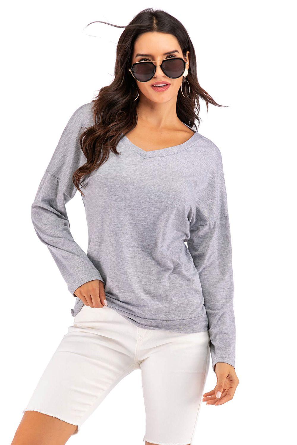 V-Neck Drop Shoulder Open Back Sweatshirt - BELLATRENDZ