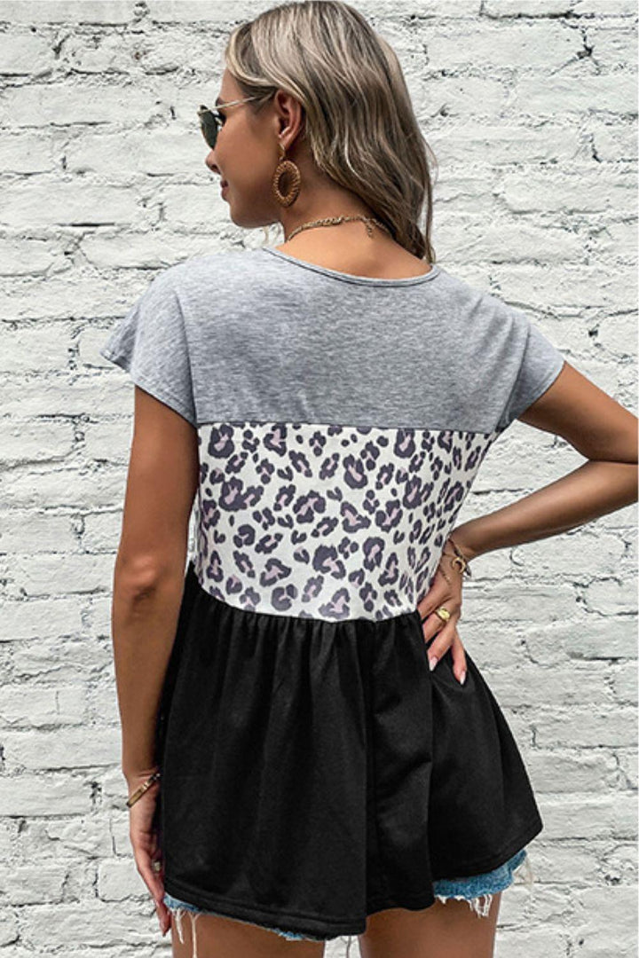 Leopard Color Block Babydoll Tee Shirt - BELLATRENDZ