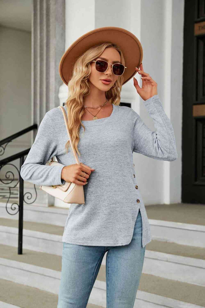 Square Neck Long Sleeve Slit T-Shirt