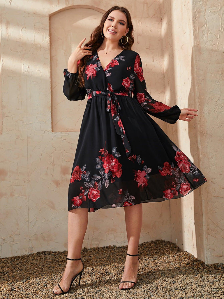 Plus Size Floral Surplice Neck Tie Waist Dress - BELLATRENDZ