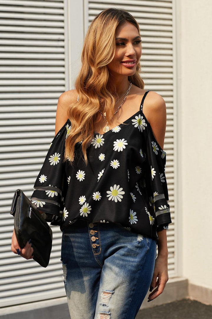 Printed Cold-Shoulder Three-Quarter Flare Sleeve Blouse - BELLATRENDZ