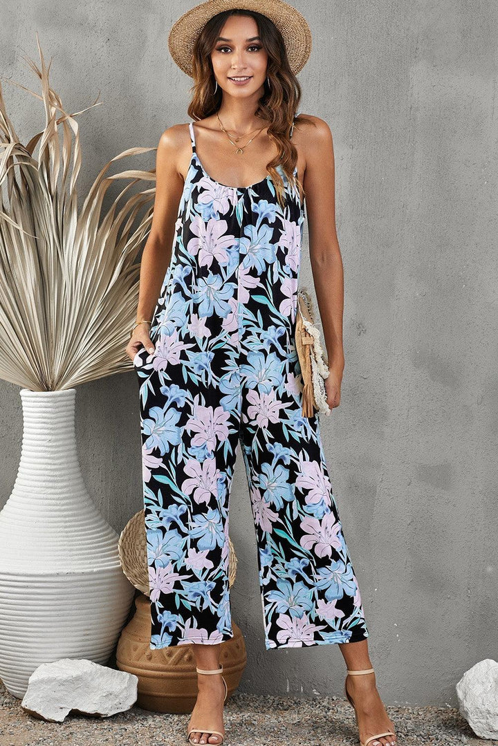 Botanical Print Spaghetti Strap Cropped Jumpsuit - BELLATRENDZ