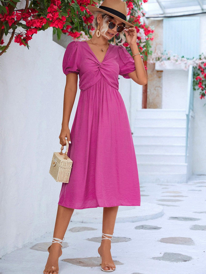 Twisted Short Puff Sleeve V-Neck Dress - BELLATRENDZ