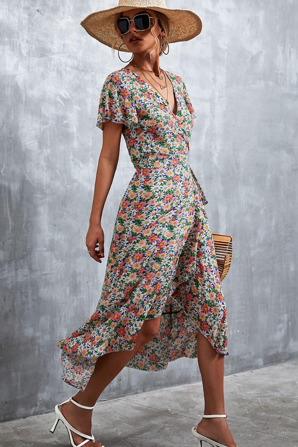 Floral Surplice Neck Tied Midi Dress - BELLATRENDZ