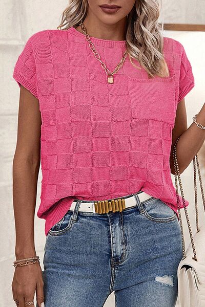 Pocketed Checkered Round Neck Knit Top