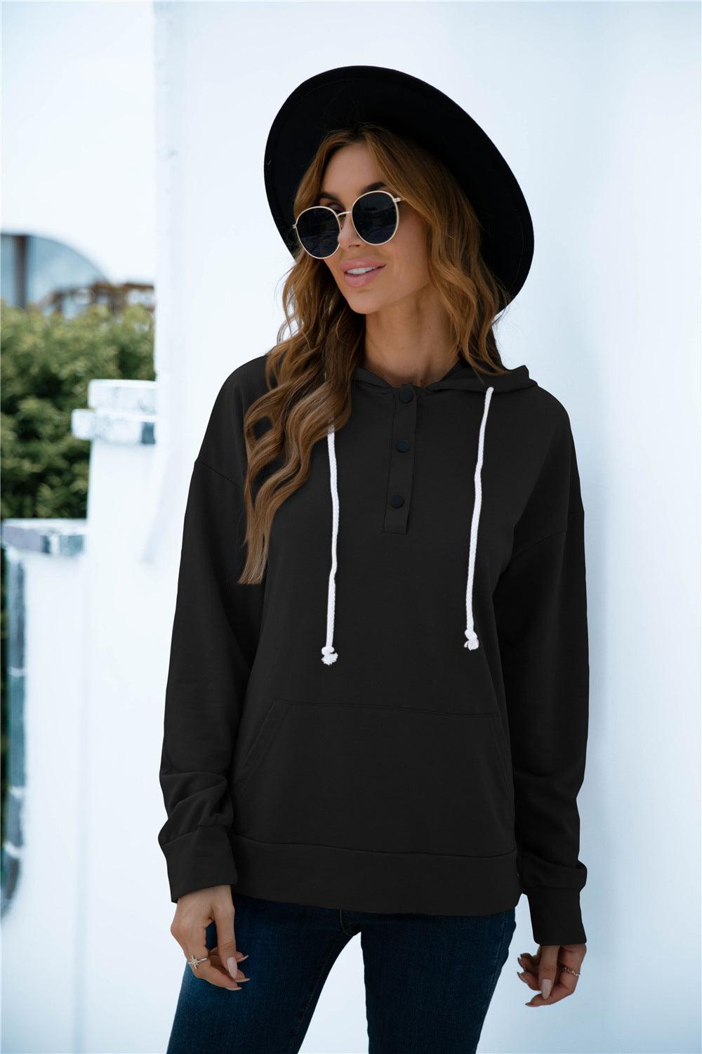 Quarter Snap Drawstring Hoodie with Kangaroo Pocket - BELLATRENDZ