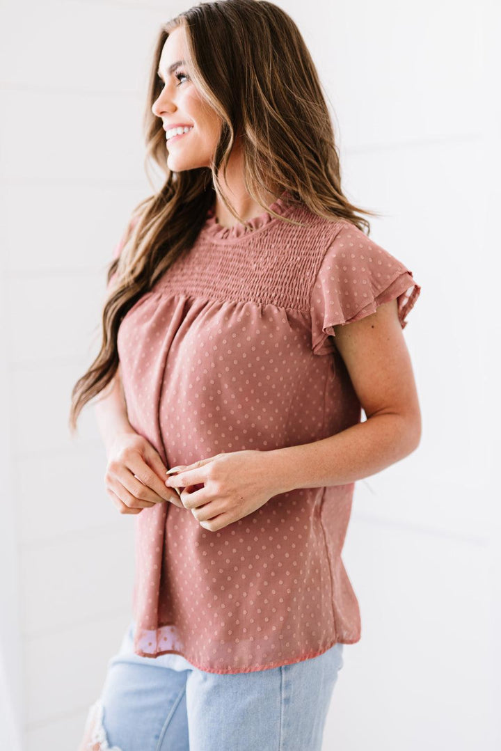 Polka Dot Smocked Flutter Sleeve Blouse - BELLATRENDZ