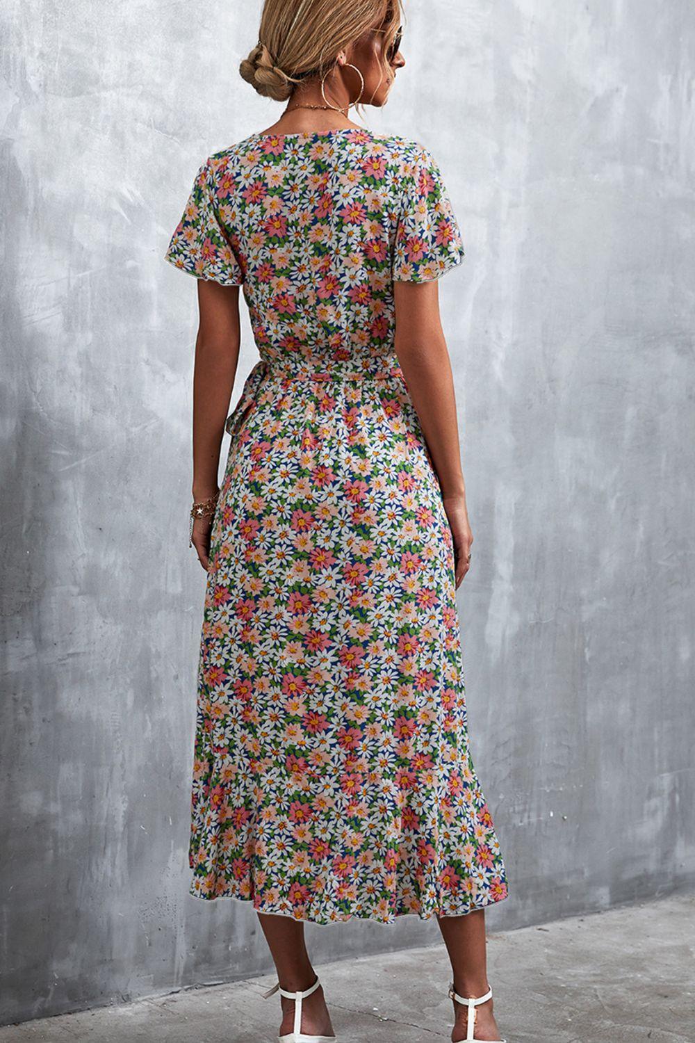 Floral Surplice Neck Tied Midi Dress - BELLATRENDZ