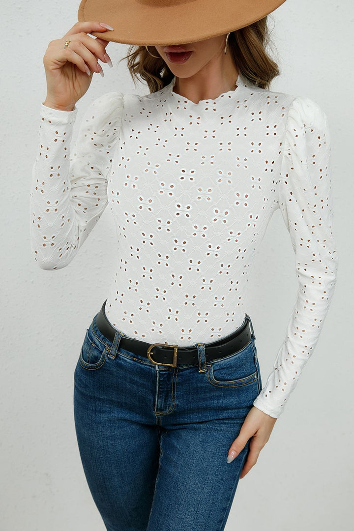 Round Neck Eyelet Long Sleeeve Blouse