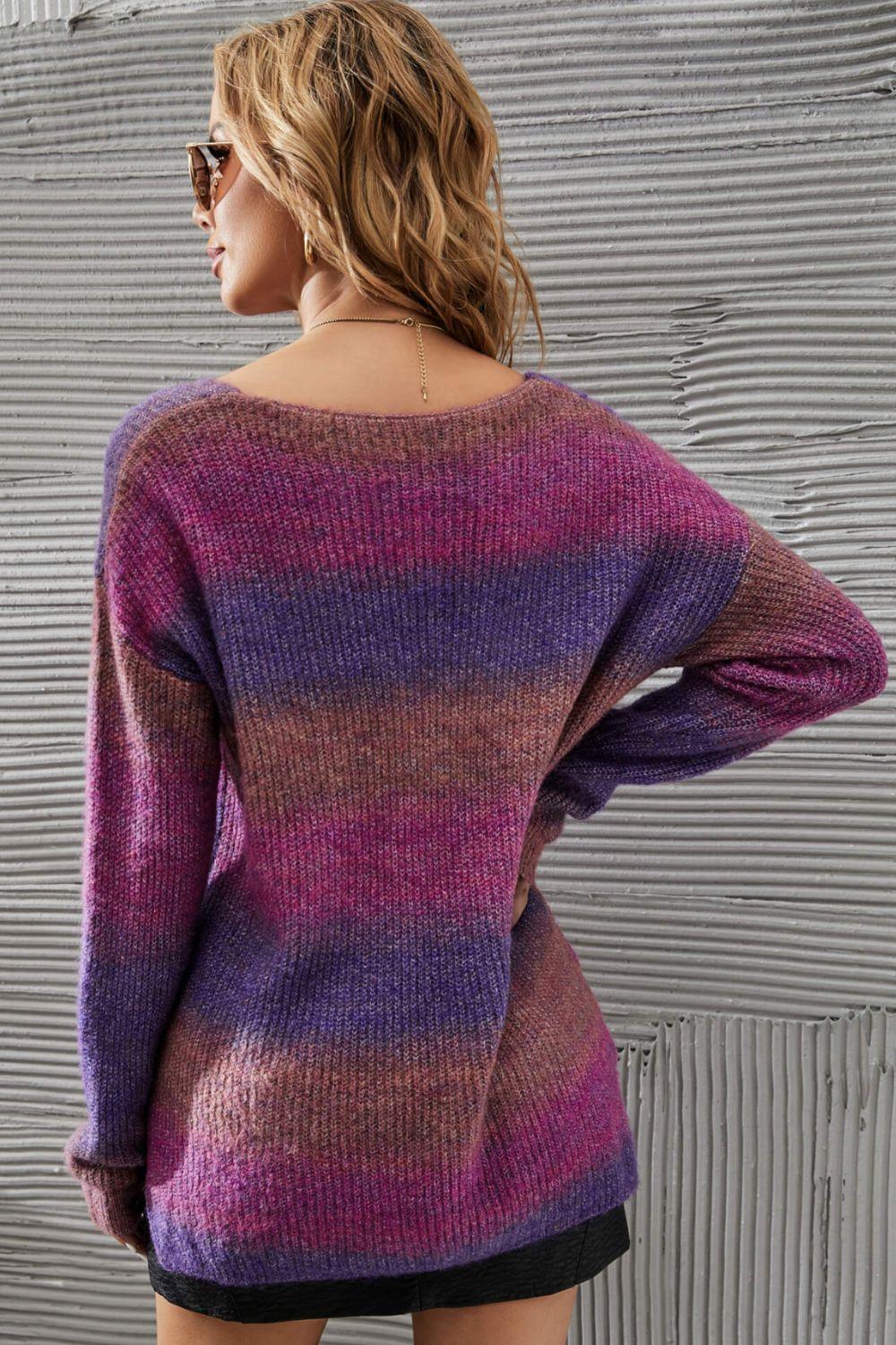 Multicolored Rib-Knit V-Neck Knit Pullover - BELLATRENDZ