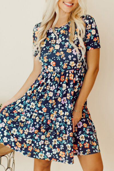 Floral Round Neck Short Sleeve Mini Dress