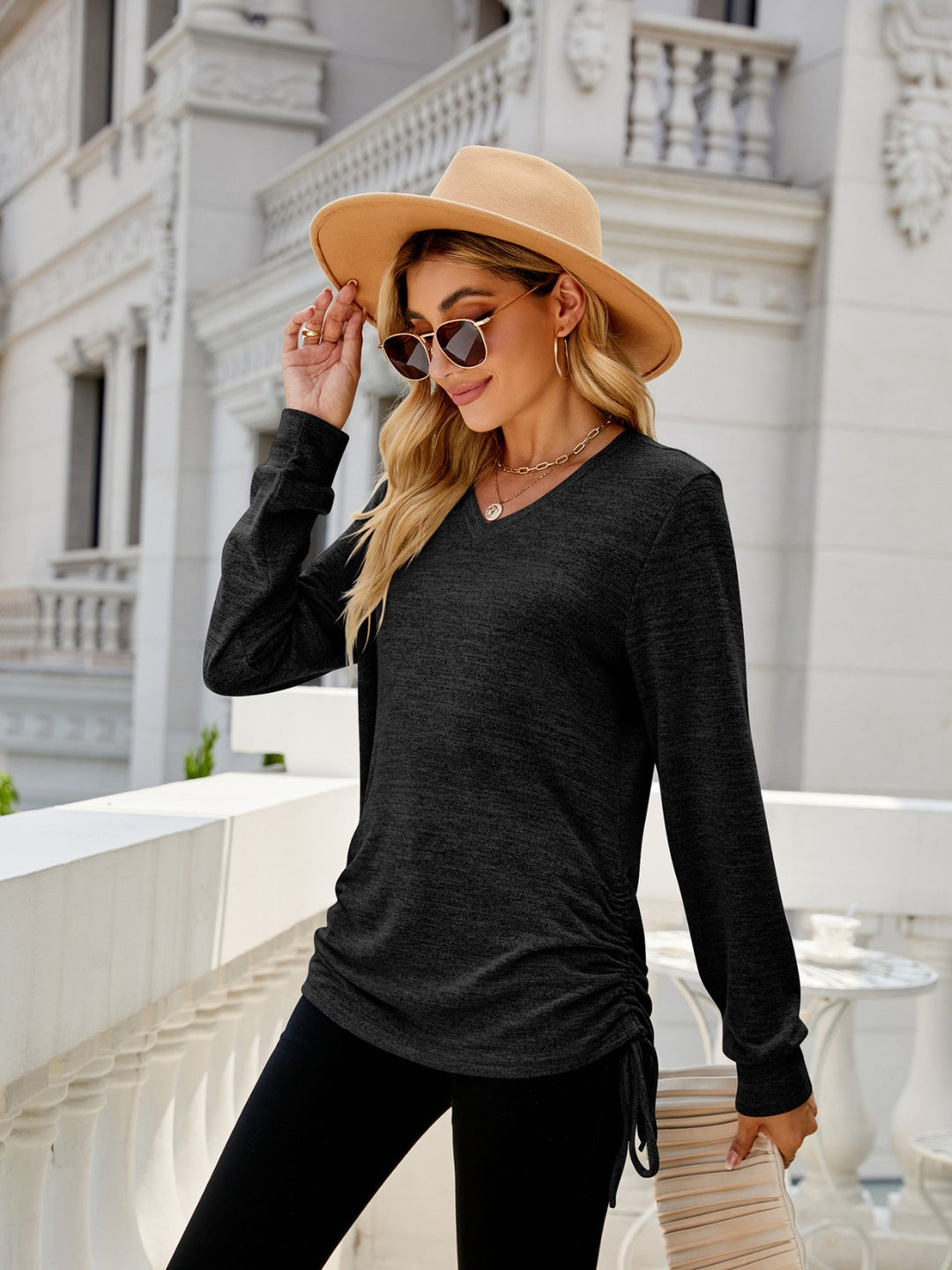 Drawstring V-Neck Long Sleeve T-Shirt