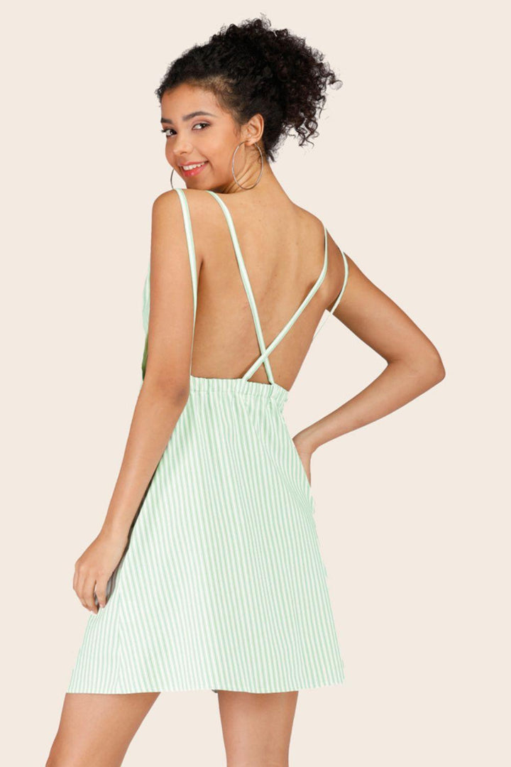 Striped Crisscross Deep V Sleeveless Dress - BELLATRENDZ