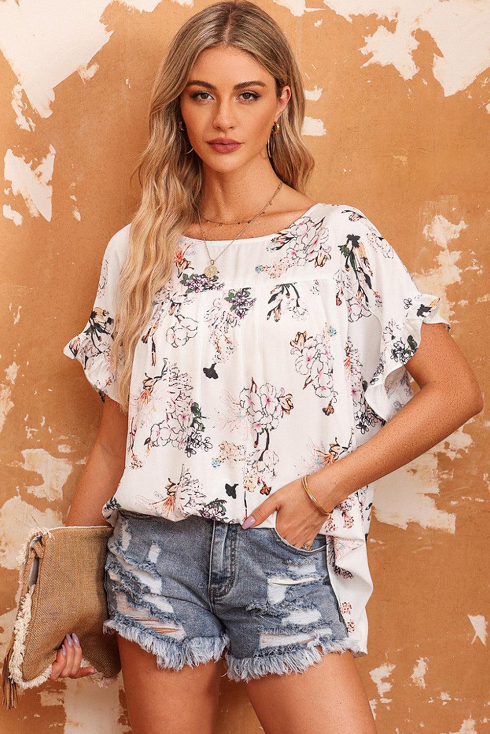 Floral Boat Neck Flounce Sleeve Blouse - BELLATRENDZ