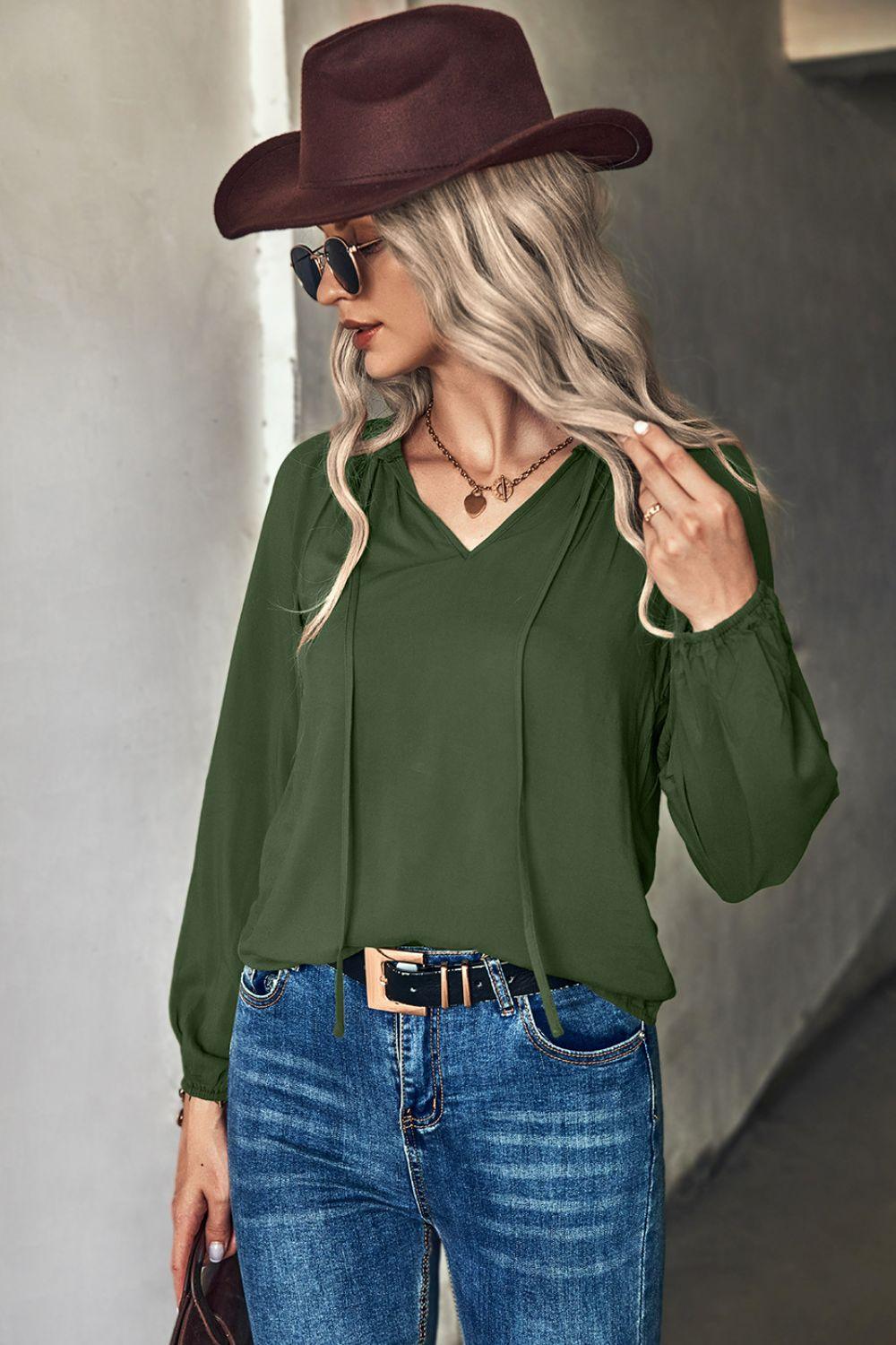 Gathered Detail Tie-Neck Blouse - BELLATRENDZ