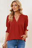 Smocked Flounce Sleeve Notched Neck Blouse