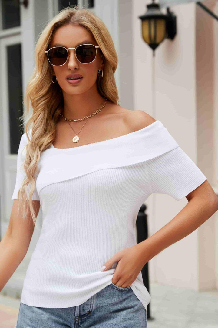 Asymmetrical Neck Rib-Knit Top - BELLATRENDZ