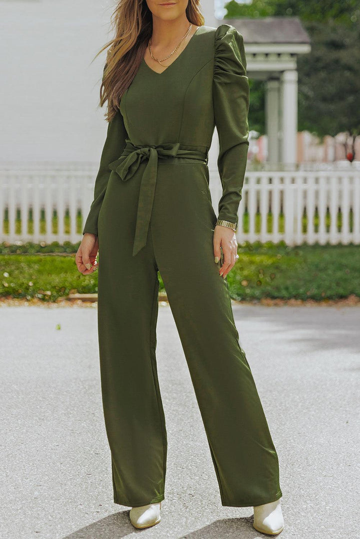 Belted Long Puff Sleeve V-Neck Jumpsuit - BELLATRENDZ