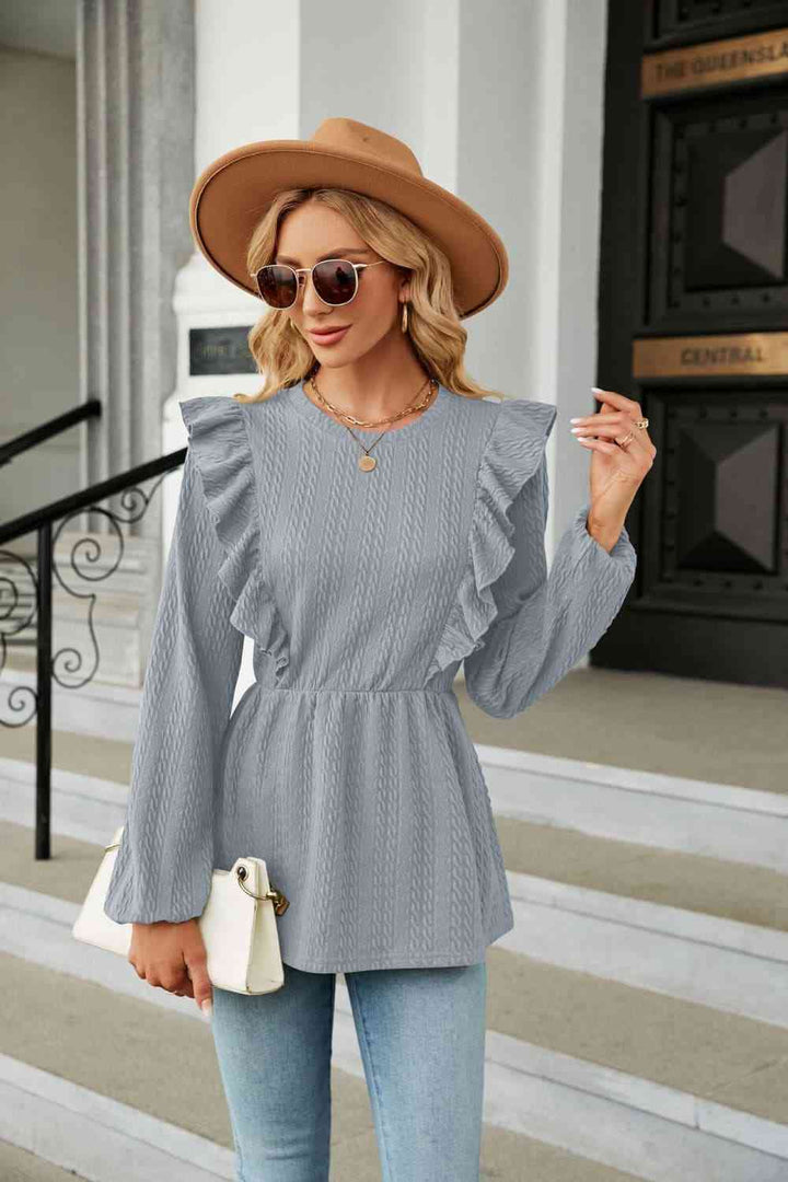 Round Neck Ruffled Peplum Blouse