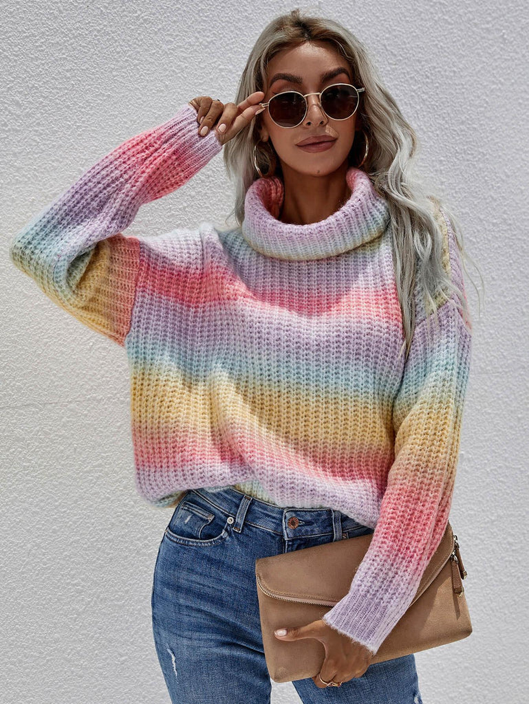 Rainbow Rib-Knit Turtleneck Drop Shoulder Sweater - BELLATRENDZ