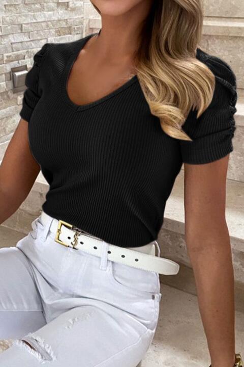 Puff Sleeve V-Neck Ribbed Top