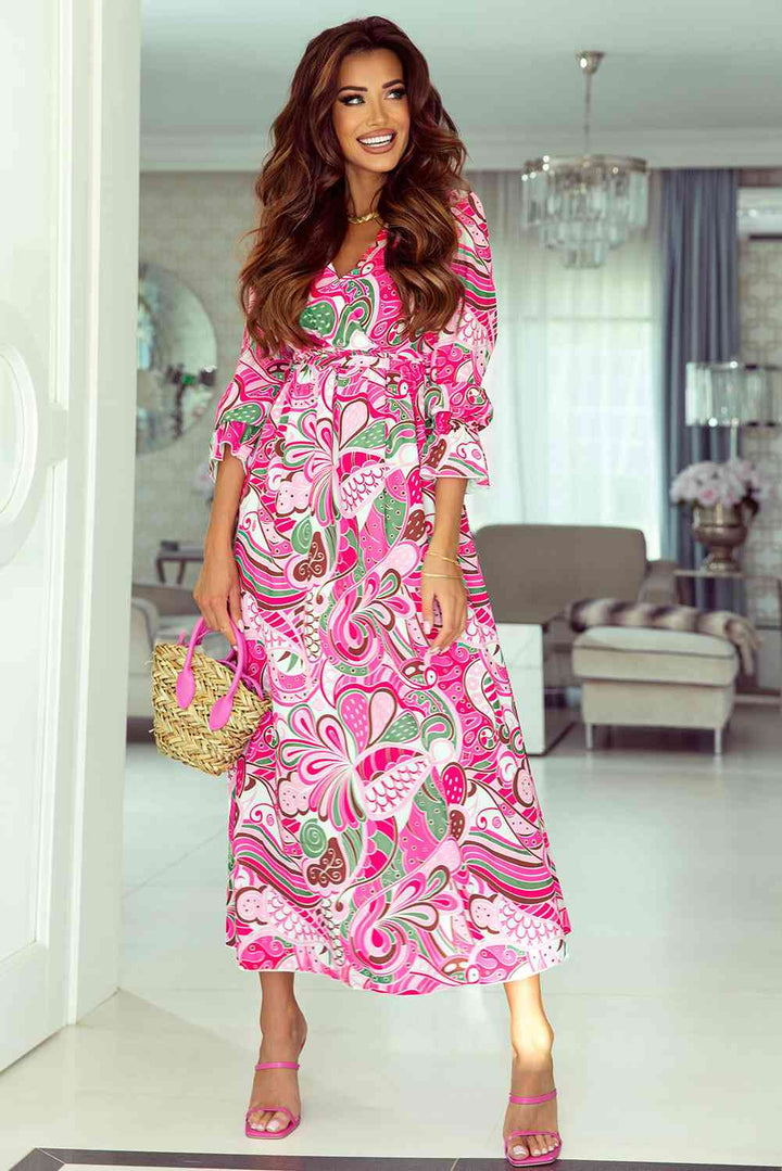 Printed Surplice Neck Flounce Sleeve Dress