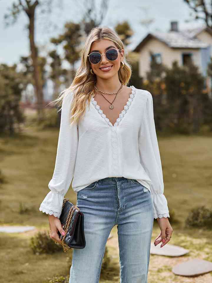 V-Neck Flounce Sleeve Blouse