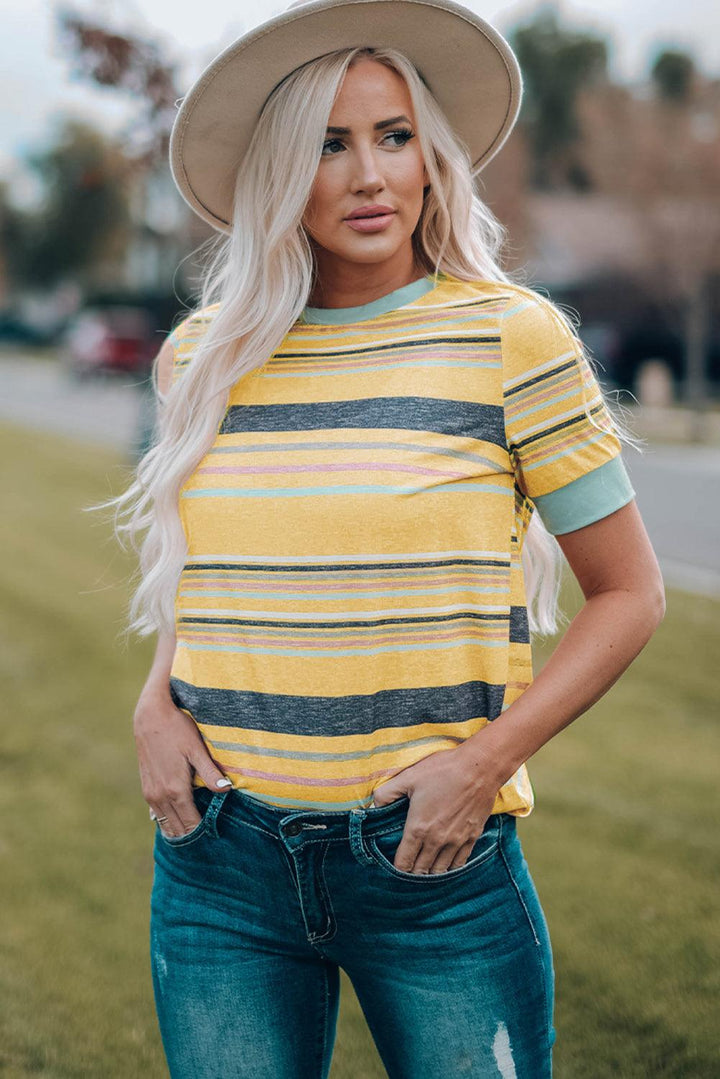 Multicolored Striped Round Neck Tee Shirt - BELLATRENDZ