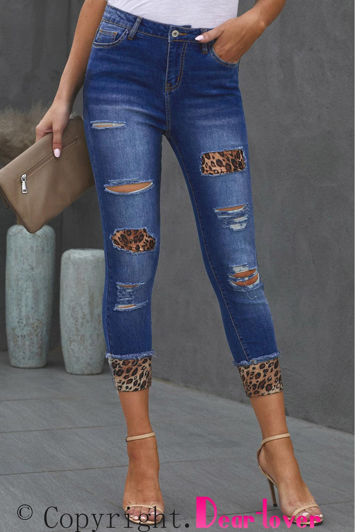 Leopard Patch Distressed Cropped Jeans - BELLATRENDZ