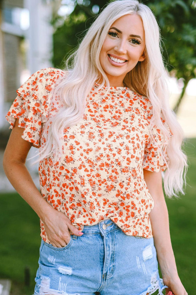 Floral Round Neck Flutter Sleeve Blouse - BELLATRENDZ