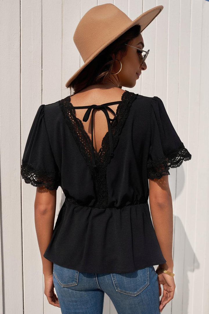 Lace Trim V-Neck Tied Peplum Blouse - BELLATRENDZ