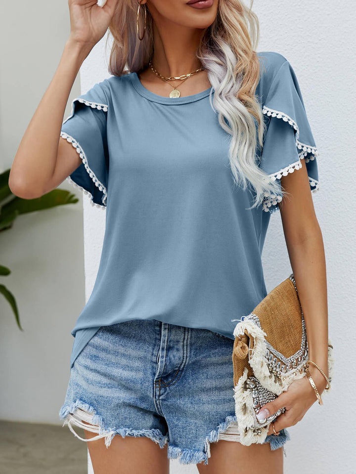 Pom-Pom Trim Flutter Sleeve Round Neck Tee - BELLATRENDZ