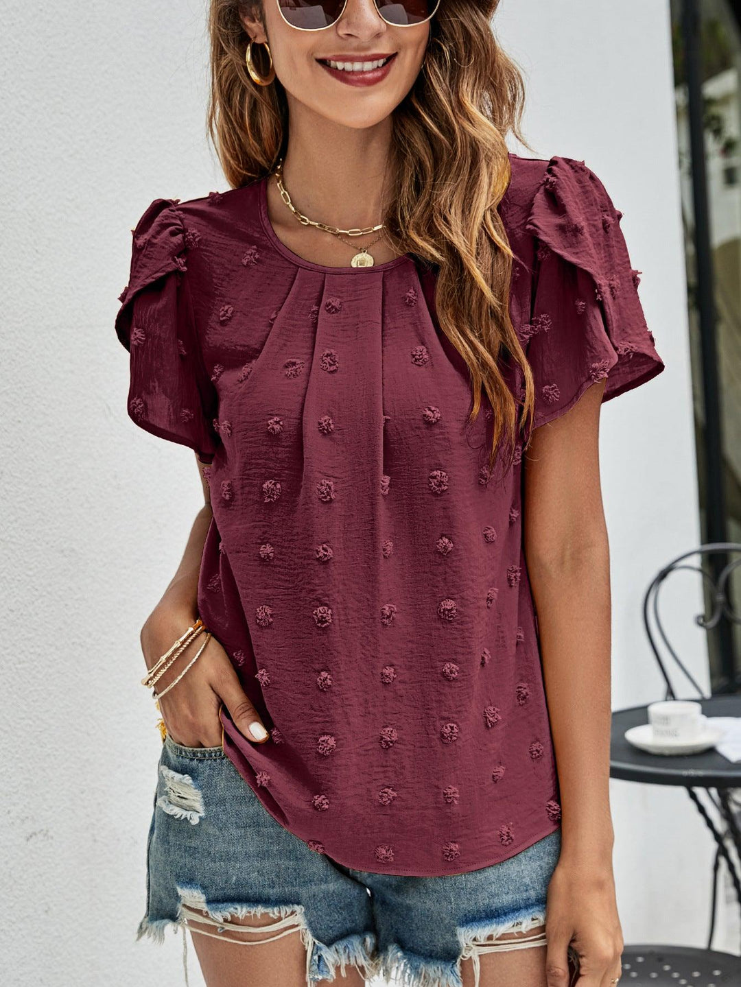 Swiss Dot Round Neck Petal Sleeve Top - BELLATRENDZ