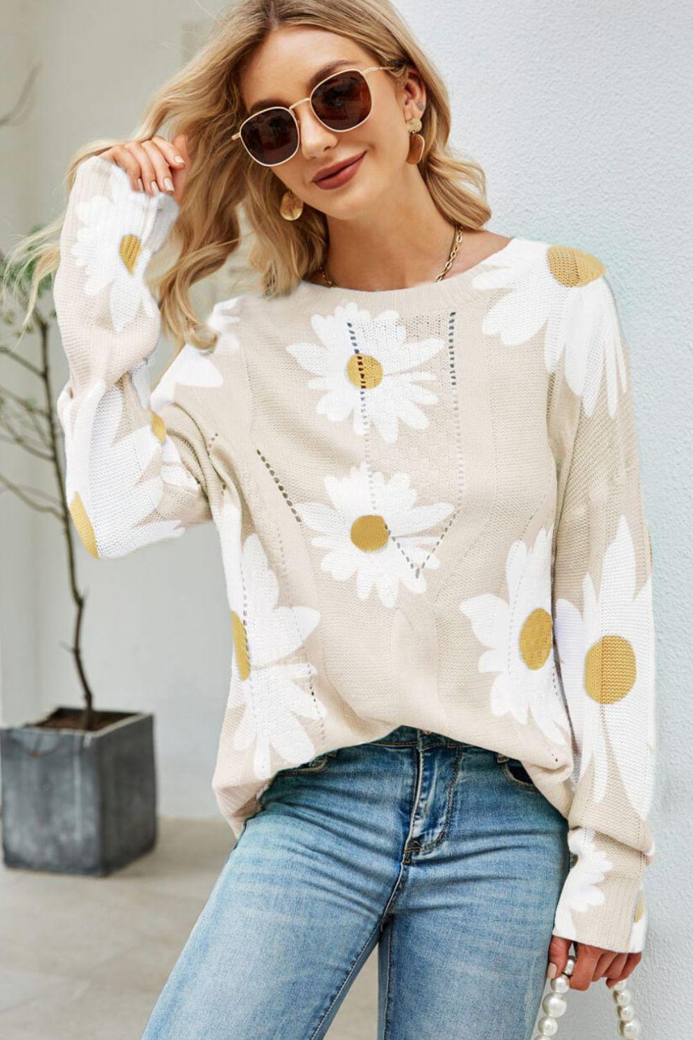 Daisy Print Openwork Round Neck Sweater - BELLATRENDZ