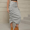 Drawstring Ruched Slit Denim Midi Skirt - BELLATRENDZ