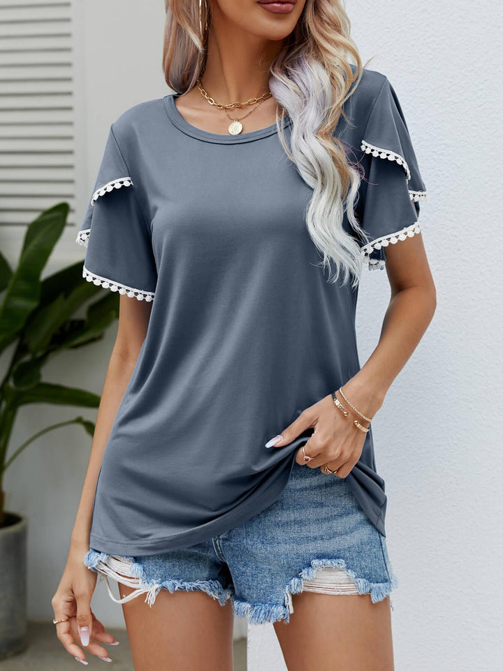 Pom-Pom Trim Flutter Sleeve Round Neck Tee - BELLATRENDZ