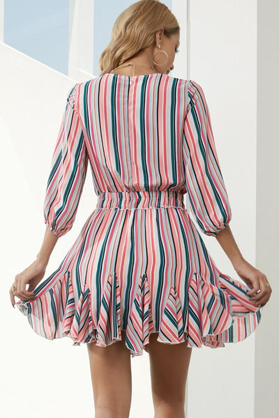 Striped Drawstring Waist Three-Quarter Sleeve Mini Dress